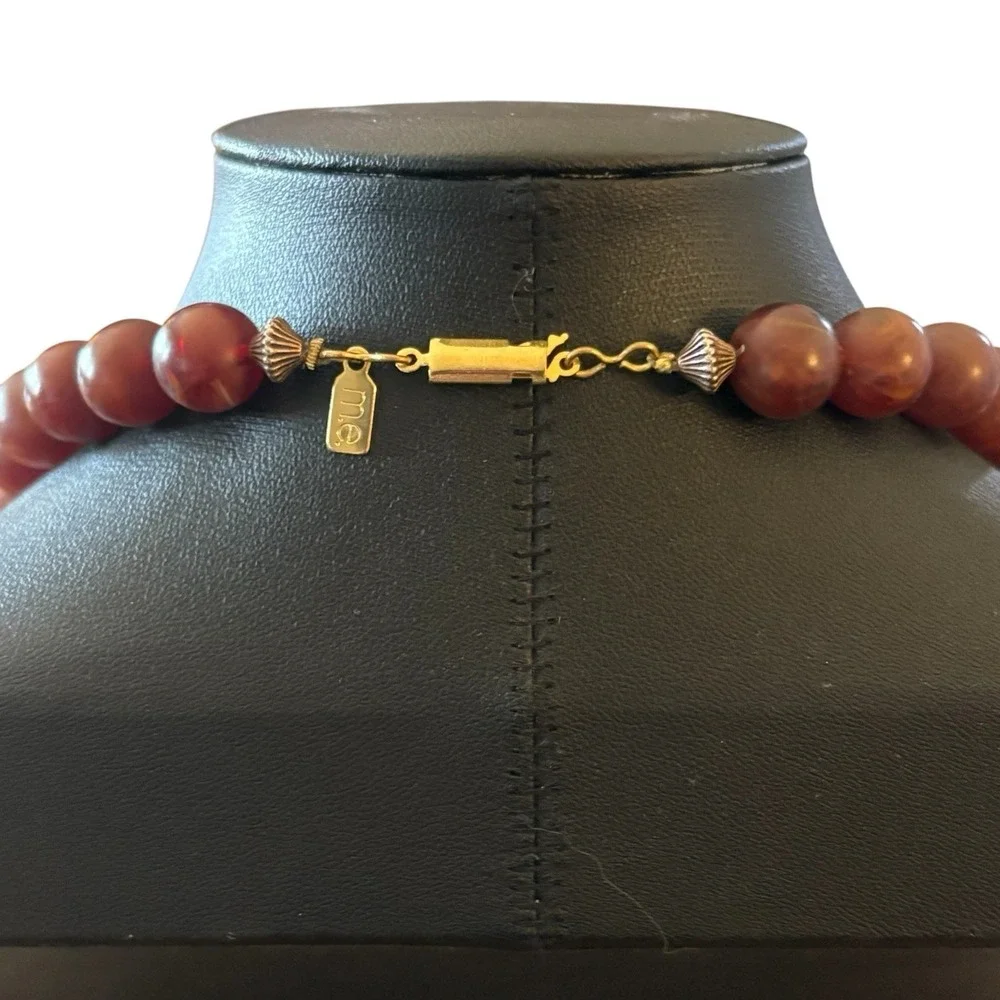 Chunky Lucite Necklace Faux Tiger Amber &‎ Bone Statement Tribal Signed M.E. VTG